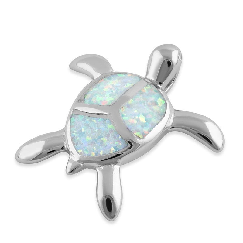 Sterling Silver White Lab Opal Turtle Pendant