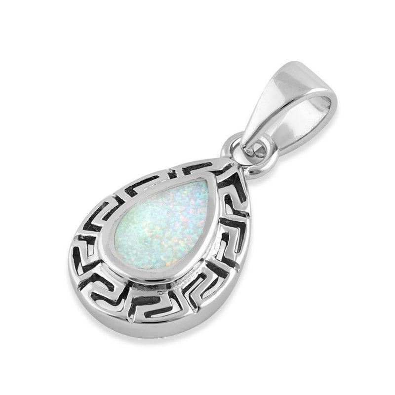 Sterling Silver White Lab Opal Greek Pattern Drop Pendant