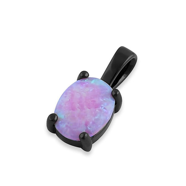 Sterling Silver Black Rhodium Plated Pink Lab Opal Oval Pendant