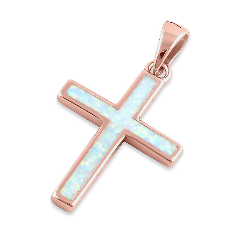 Sterling Silver Rose Gold Plated White Lab Opal Cross Pendant