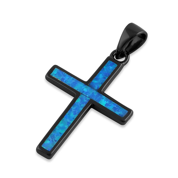 Sterling Silver Black Rhodium Plated Blue Lab Opal Cross Pendant