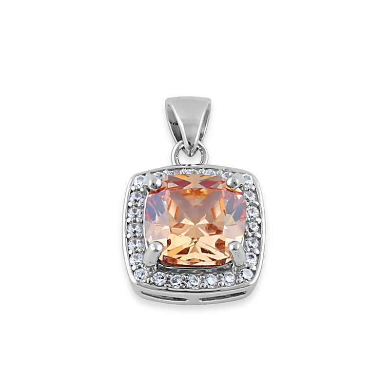 Sterling Silver Champagne CZ Cushion Halo Pendant