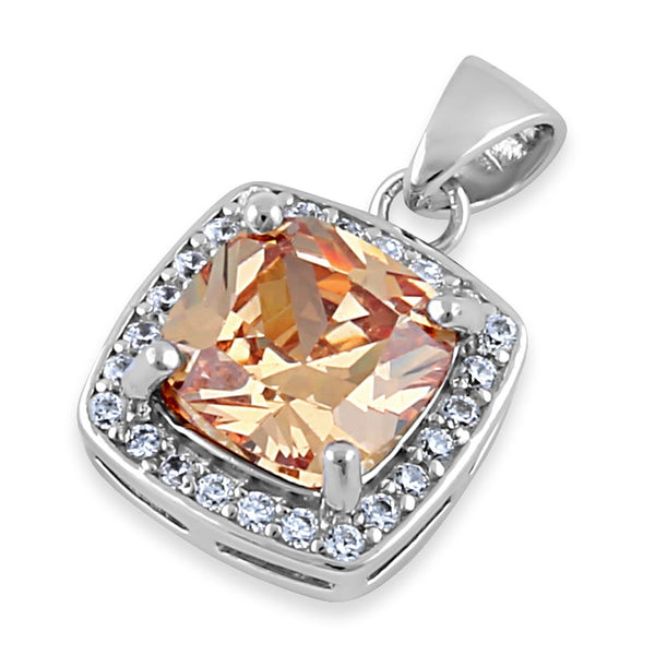 Sterling Silver Champagne CZ Cushion Halo Pendant
