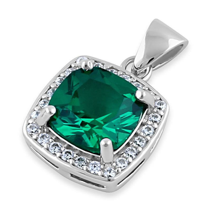 Sterling Silver CZ Green Cushion Halo Pendant