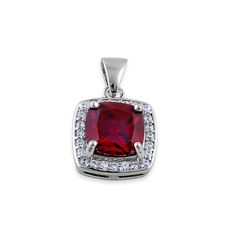 Sterling Silver Garnet CZ Cushion Halo Pendant