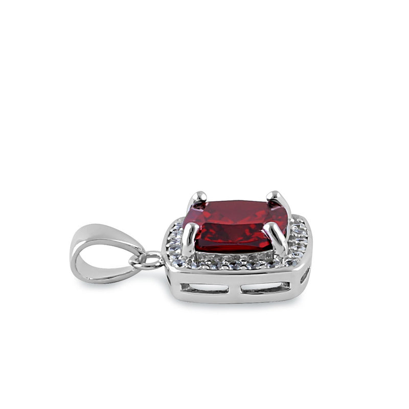 Sterling Silver Garnet CZ Cushion Halo Pendant