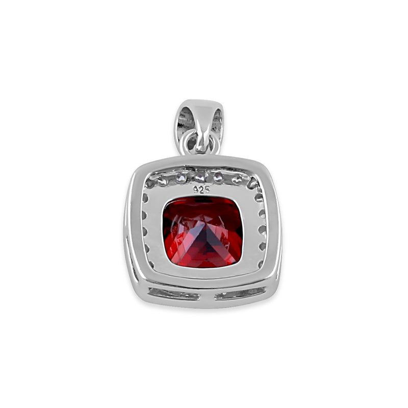 Sterling Silver Garnet CZ Cushion Halo Pendant