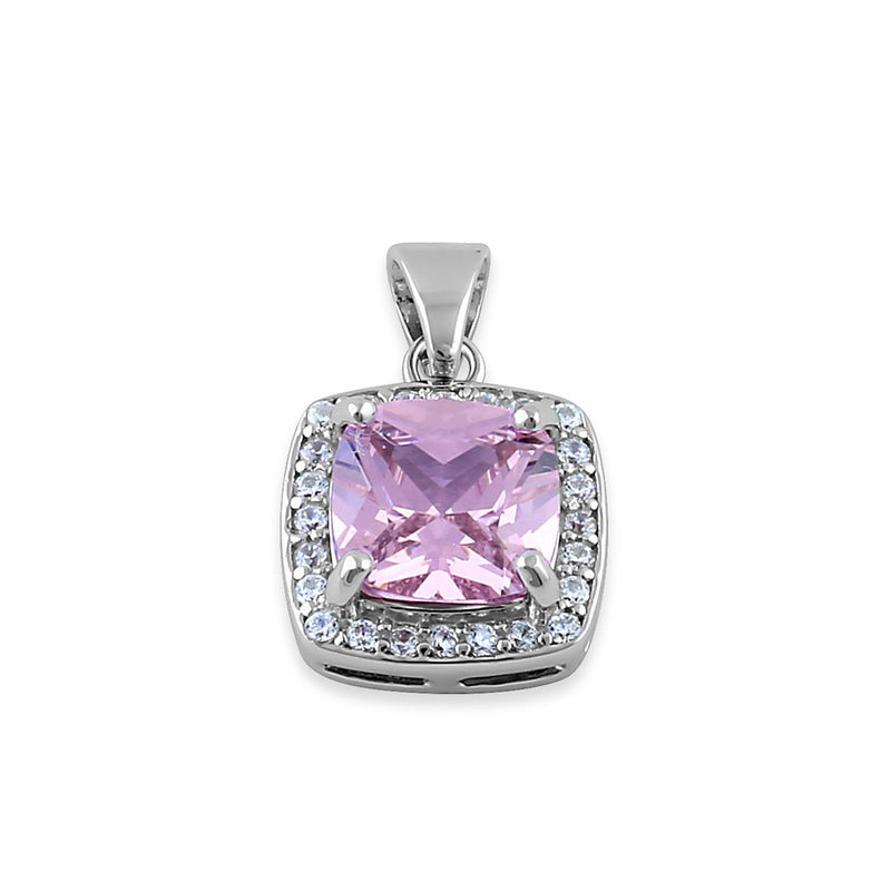 Sterling Silver Pink CZ Cushion Halo Pendant