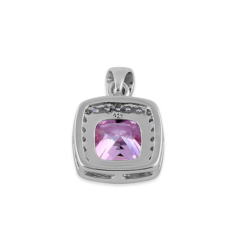 Sterling Silver Pink CZ Cushion Halo Pendant