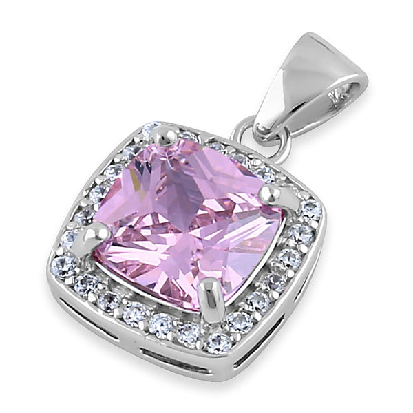 Sterling Silver Pink CZ Cushion Halo Pendant