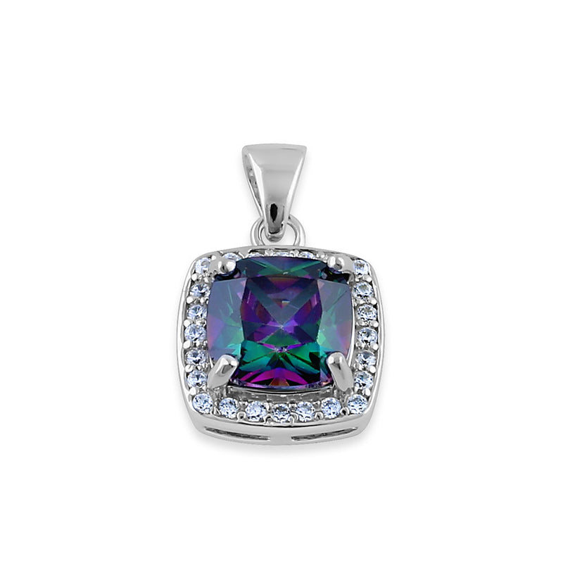 Sterling Silver Rainbow CZ Cushion Halo Pendant