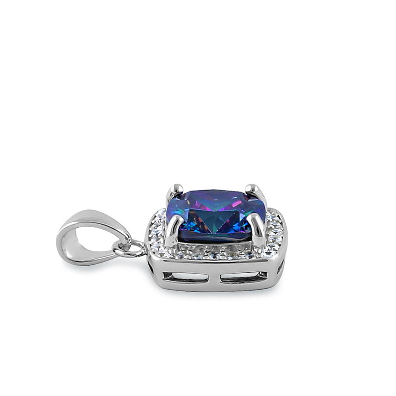 Sterling Silver Rainbow CZ Cushion Halo Pendant