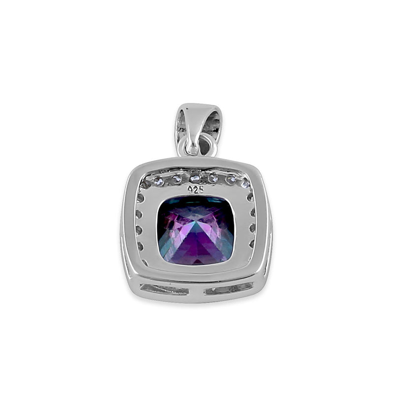 Sterling Silver Rainbow CZ Cushion Halo Pendant