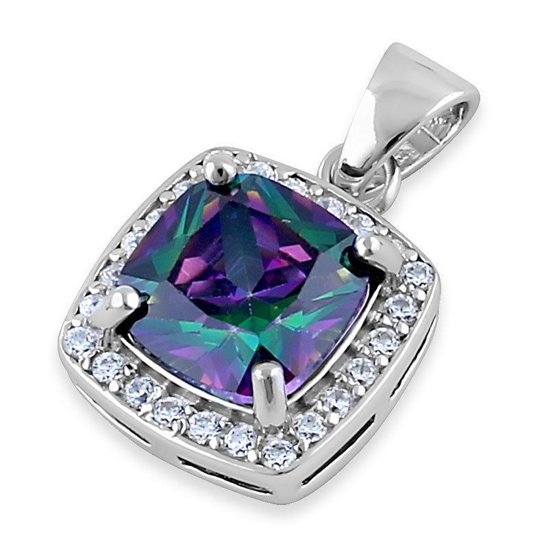 Sterling Silver Rainbow CZ Cushion Halo Pendant