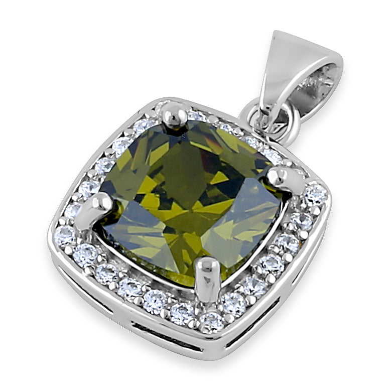 Sterling Silver Peridot CZ Cushion Halo Pendant