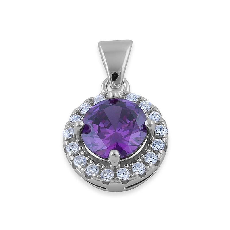 Sterling Silver Round Amethyst CZ Halo Pendant