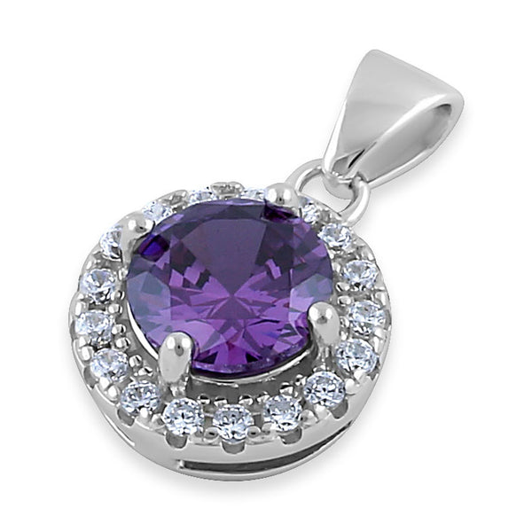 Sterling Silver Round Amethyst CZ Halo Pendant