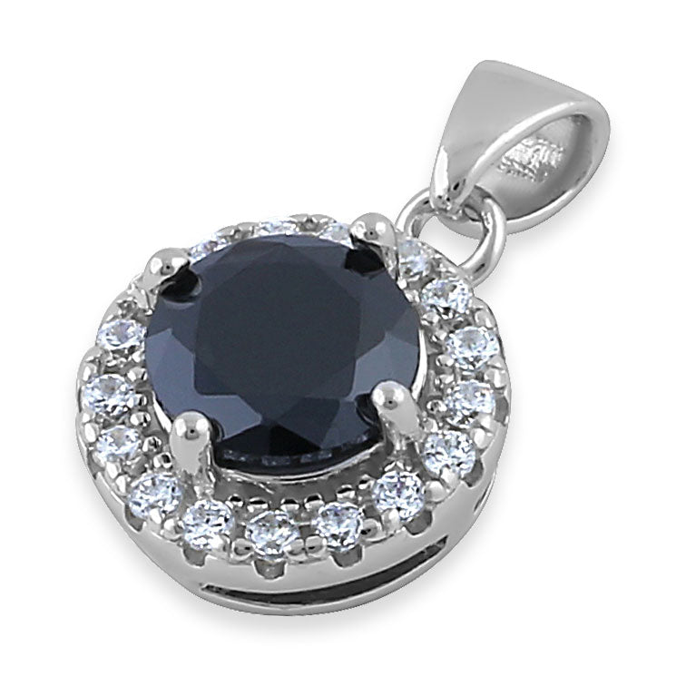 Sterling Silver Round Black CZ Halo Pendant