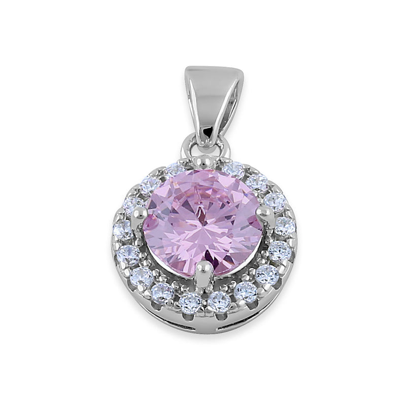 Sterling Silver Round Pink CZ Halo Pendant