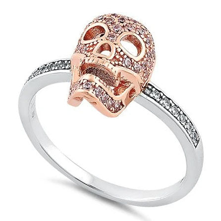 Sterling Silver Rose Gold Two Tone Skull Pink & Clear CZ Ring