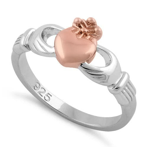 Sterling Silver Two Tone Rose Gold Plated Claddagh Ring