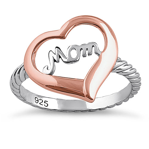 Sterling Silver Two Tone Rose Gold Plated Mom Heart Ring