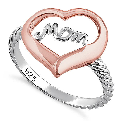 Sterling Silver Two Tone Rose Gold Plated Mom Heart Ring