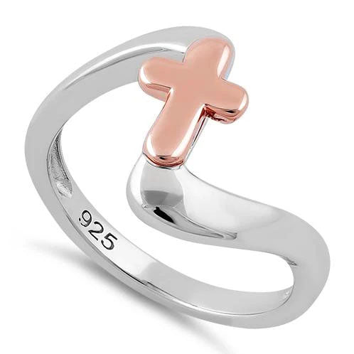 Sterling Silver Rose Gold Two Tone Cross Ring