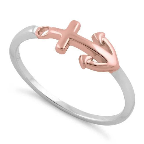 Sterling Silver Two-Tone Rose Gold Plated Anchor Ring