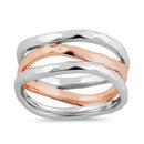 Sterling Silver Two Tone Rose Gold Plated 3 Wavy Hammered Ring