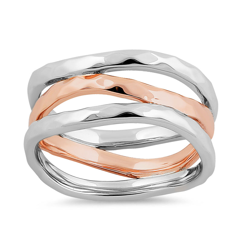 Sterling Silver Two Tone Rose Gold Plated 3 Wavy Hammered Ring