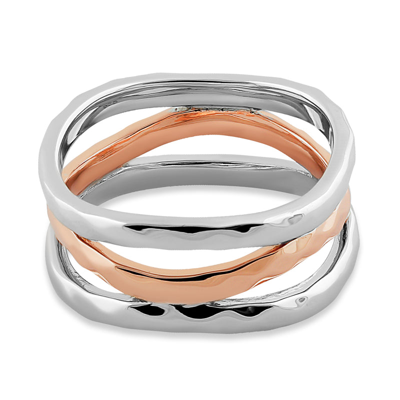 Sterling Silver Two Tone Rose Gold Plated 3 Wavy Hammered Ring