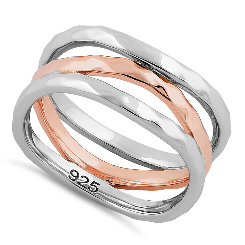 Sterling Silver Two Tone Rose Gold Plated 3 Wavy Hammered Ring