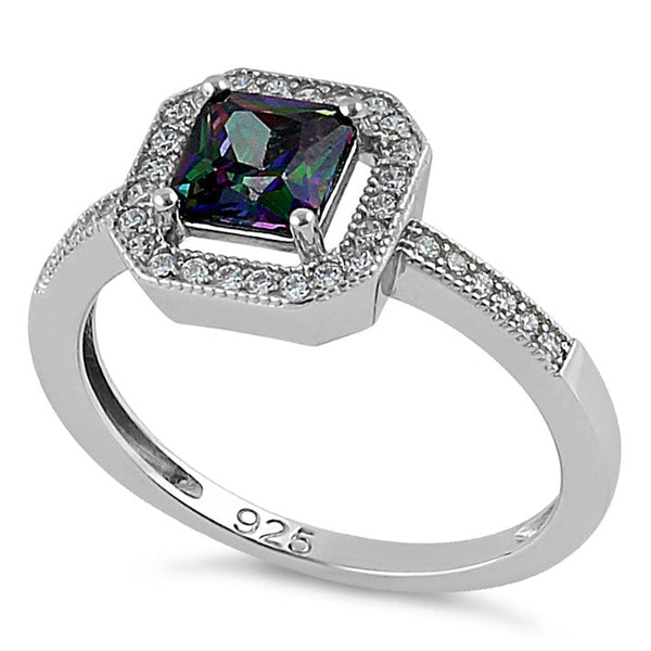 Sterling Silver Rainbow Topaz CZ Cushion Halo Ring