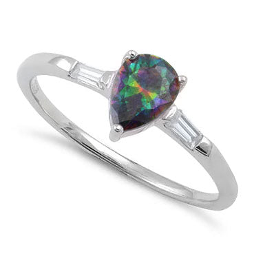 Sterling Silver Rainbow Topaz Pear Cut CZ Ring