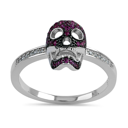 Sterling Silver Black Rhodium Two Tone Ruby CZ Skull Ring