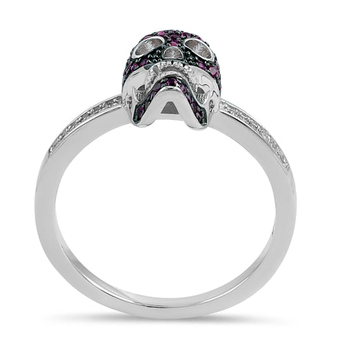 Sterling Silver Black Rhodium Two Tone Ruby CZ Skull Ring