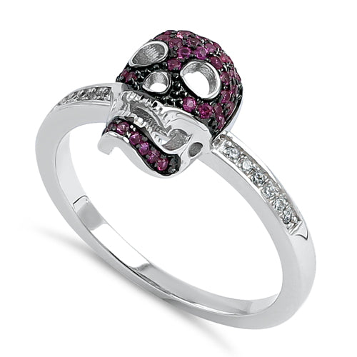 Sterling Silver Black Rhodium Two Tone Ruby CZ Skull Ring