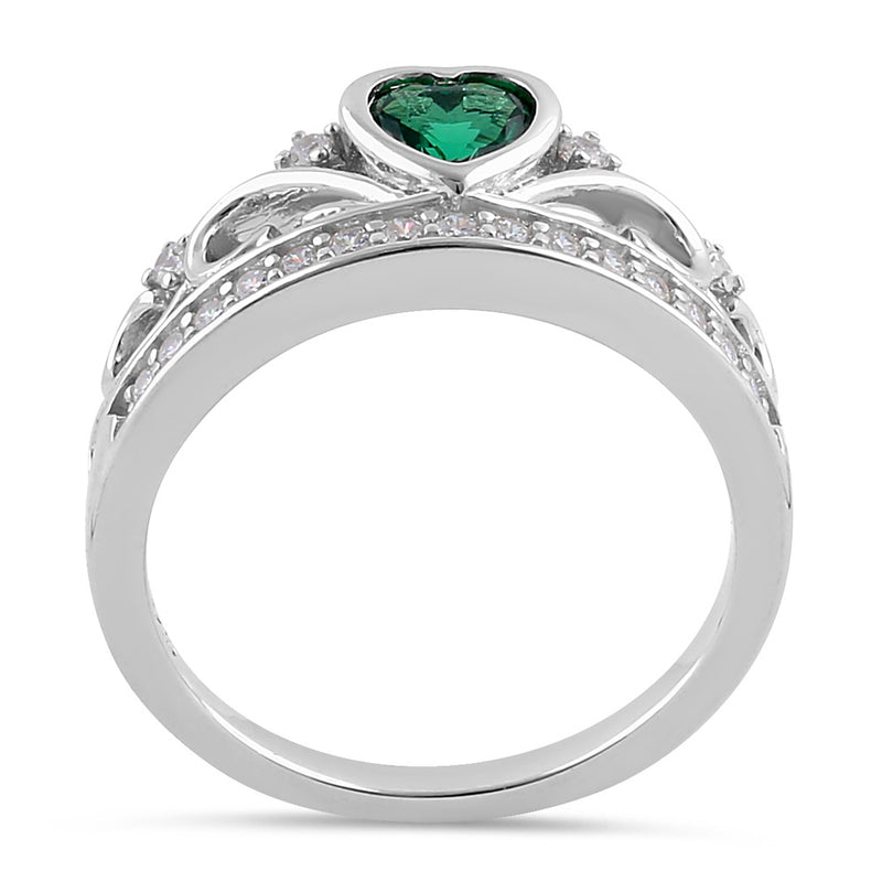 Sterling Silver Heart Crown Emerald CZ Ring