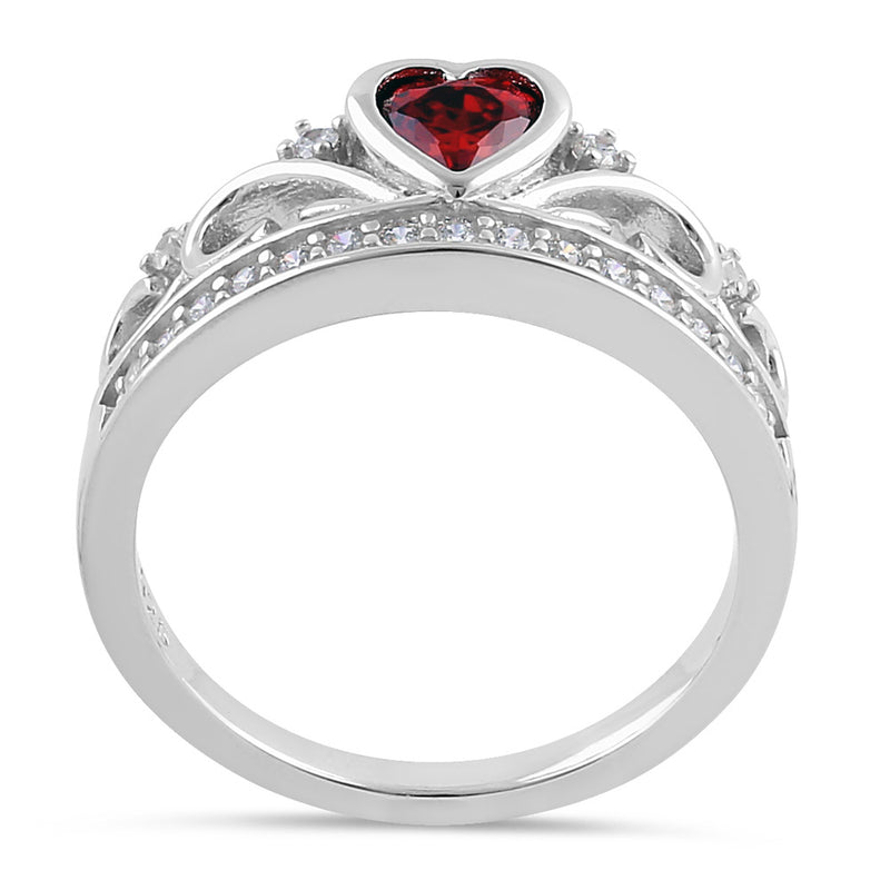 Sterling Silver Heart Crown Garnet CZ Ring