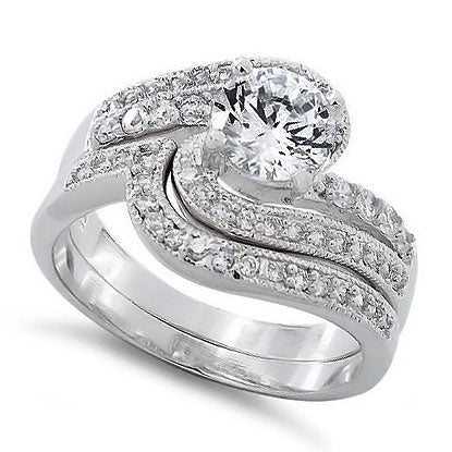 Sterling Silver Swirl CZ Wedding Set Ring