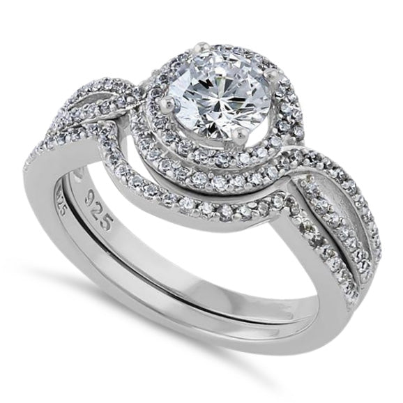 Sterling Silver Halo CZ Wedding Set Ring