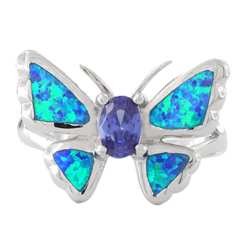 Sterling Silver Lab Opal Butterfly Tanzanite CZ Ring