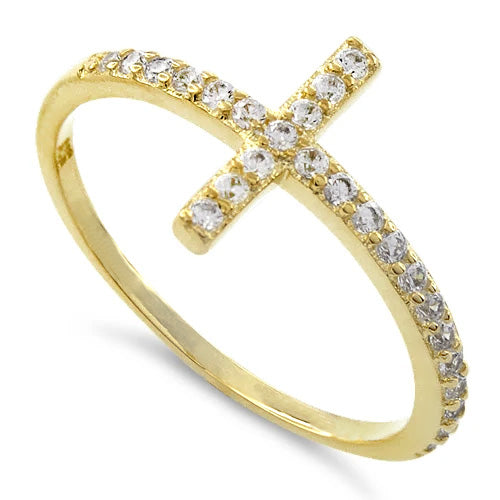 Sterling Silver Gold Plated Cross Clear CZ Ring