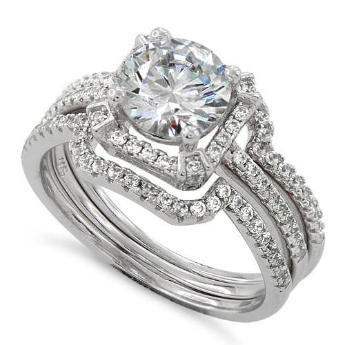 Sterling Silver Engagement Round Halo Pave CZ Set Ring