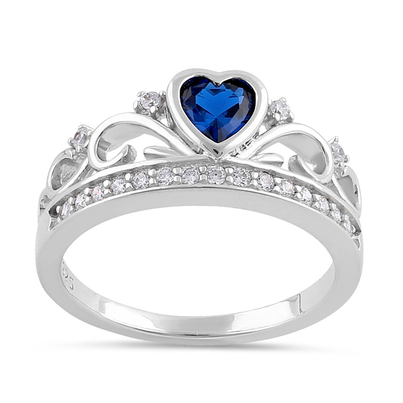 Sterling Silver Heart Crown Blue Sapphire CZ Ring