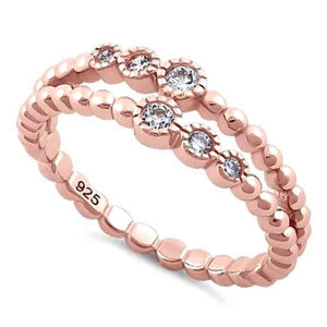 Sterling Silver Rose Gold Plated Double Beaded Clear CZ Ring