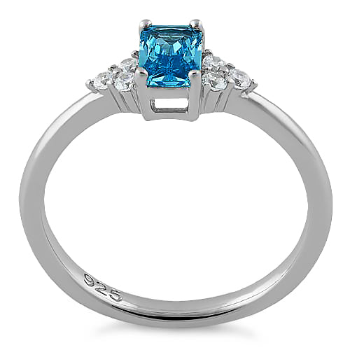 Sterling Silver Precious Emerald Cut Aqua Blue CZ Ring