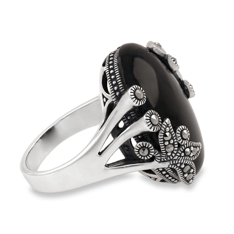 Sterling Silver Big Oval Black Onyx Floral Marcasite Ring