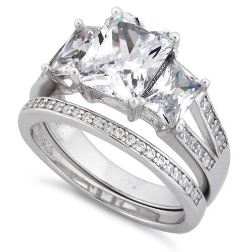 Sterling Silver Triple Square CZ Engagement Set Ring